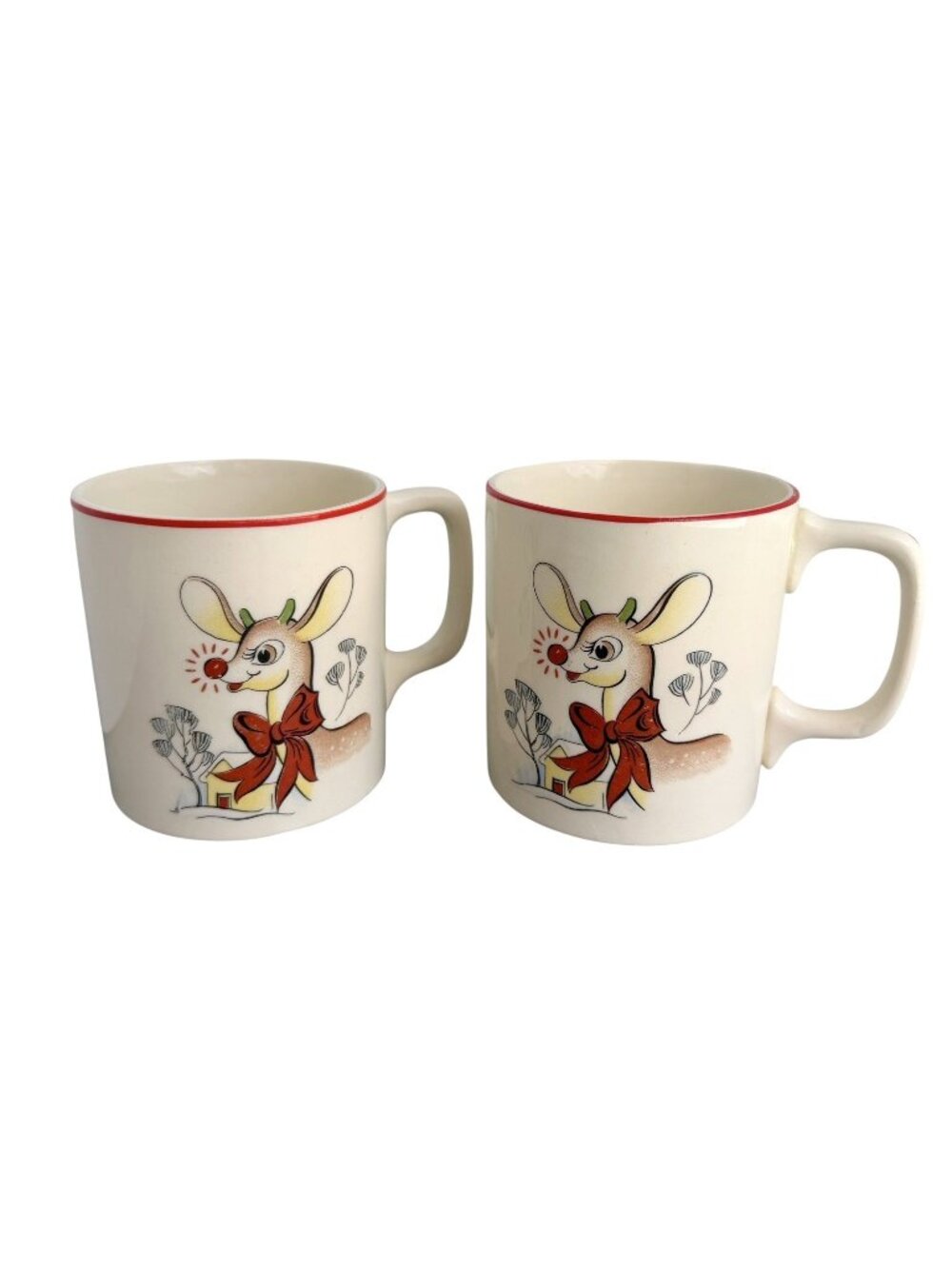 Vintage Christmas Mugs Rudolph the Red Nosed Reindeer Montgomery Ward 1940s Set
